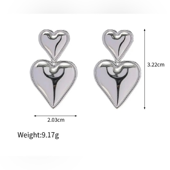 Silver Double Heart Drop Earrings - Picture 7 of 9